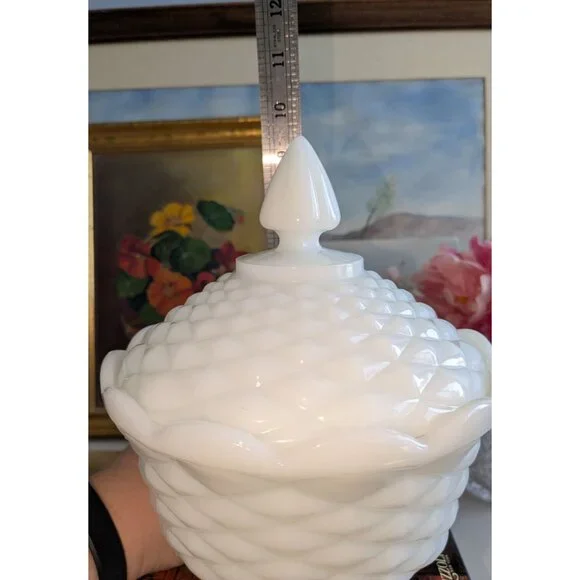 Vintage Milk Glass Pedestal Covered Candy Dish Basket Weave Design 10" Tall Coll - Picture 4 of 9